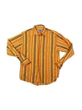 Vintage Le Frog Mens M 39/40 Orange Striped Crinkle Button Down Shirt 90s Boho
